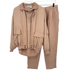 Vtg Go Silk for L'Zinger 3pc Set Bomber Jacket Shirt & Pants 100% Silk Med Large